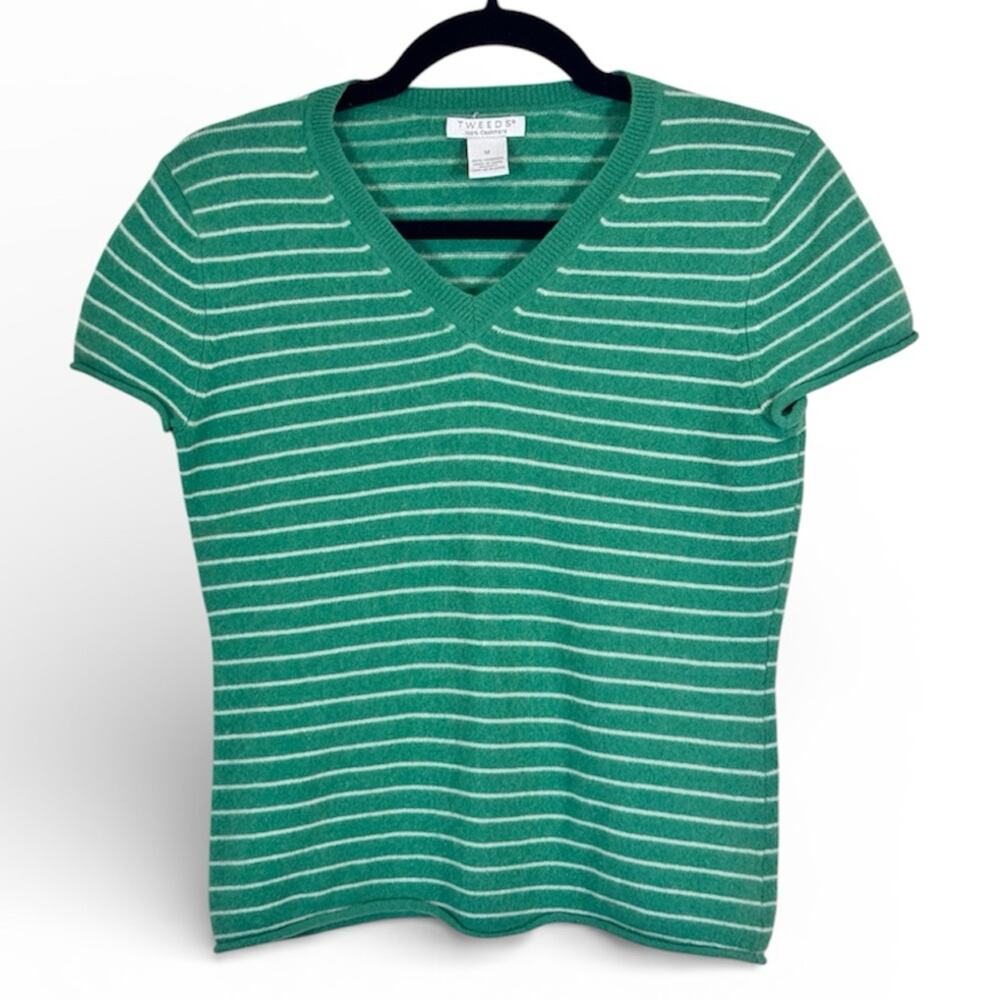 Tweeds Green Cashmere Striped Short Sleeve Sweater Womens M Preppy Casual Fall